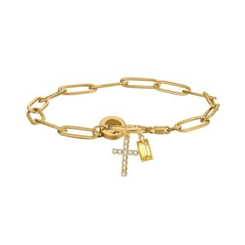 7125 Paperclip Birthstone Cross Charm Bracelet – 18K Gold Plated Link Chain